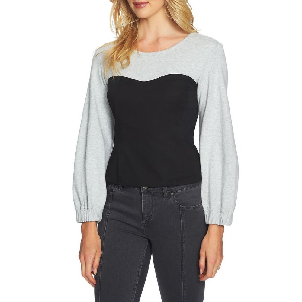 NWT 1.STATE Womens Size Large Gray and Black Mixed Media Blouse Modern Top NEW